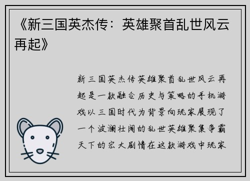 《新三国英杰传：英雄聚首乱世风云再起》