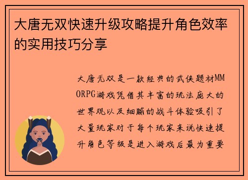 大唐无双快速升级攻略提升角色效率的实用技巧分享